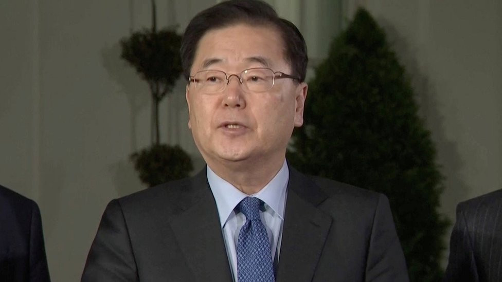 Chung Eui-yong, head of South Korean National Security Office, makes an announcement at the White House, on March 8, 2018