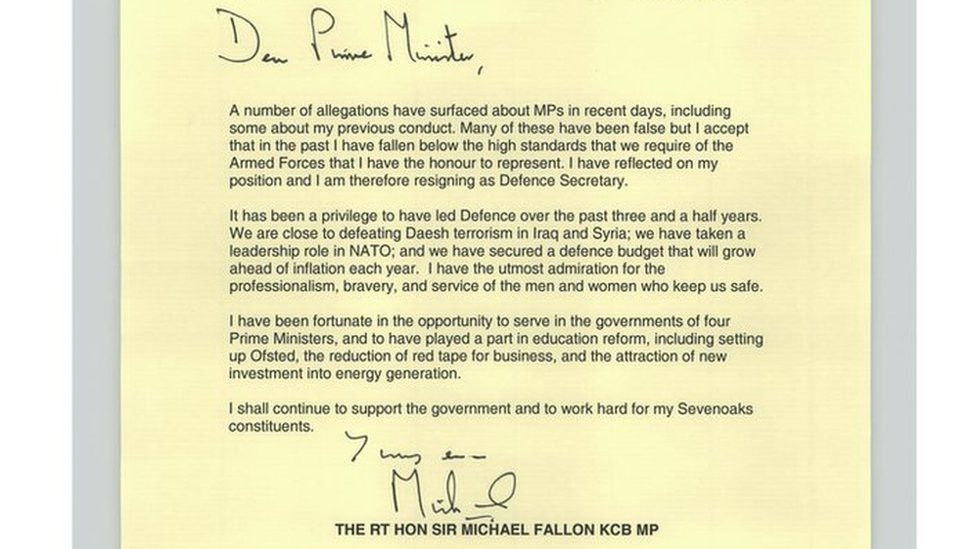 Sir Michael Fallon's resignation letter