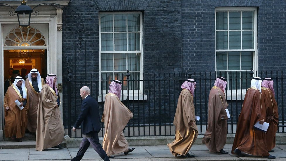 Members of Saudi Arabia"s Crown Prince Mohammed bin Salman"s delegation leave 10 Downing Street